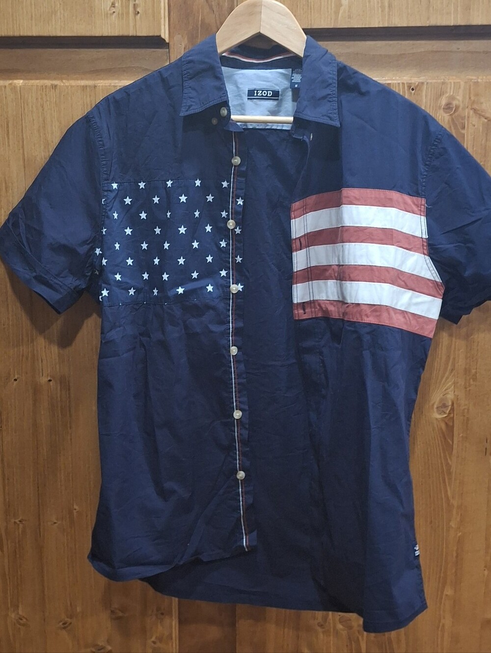 Izod Mens Med Navy Short-Sleeve Button-Up Shirt with Flag Panel
